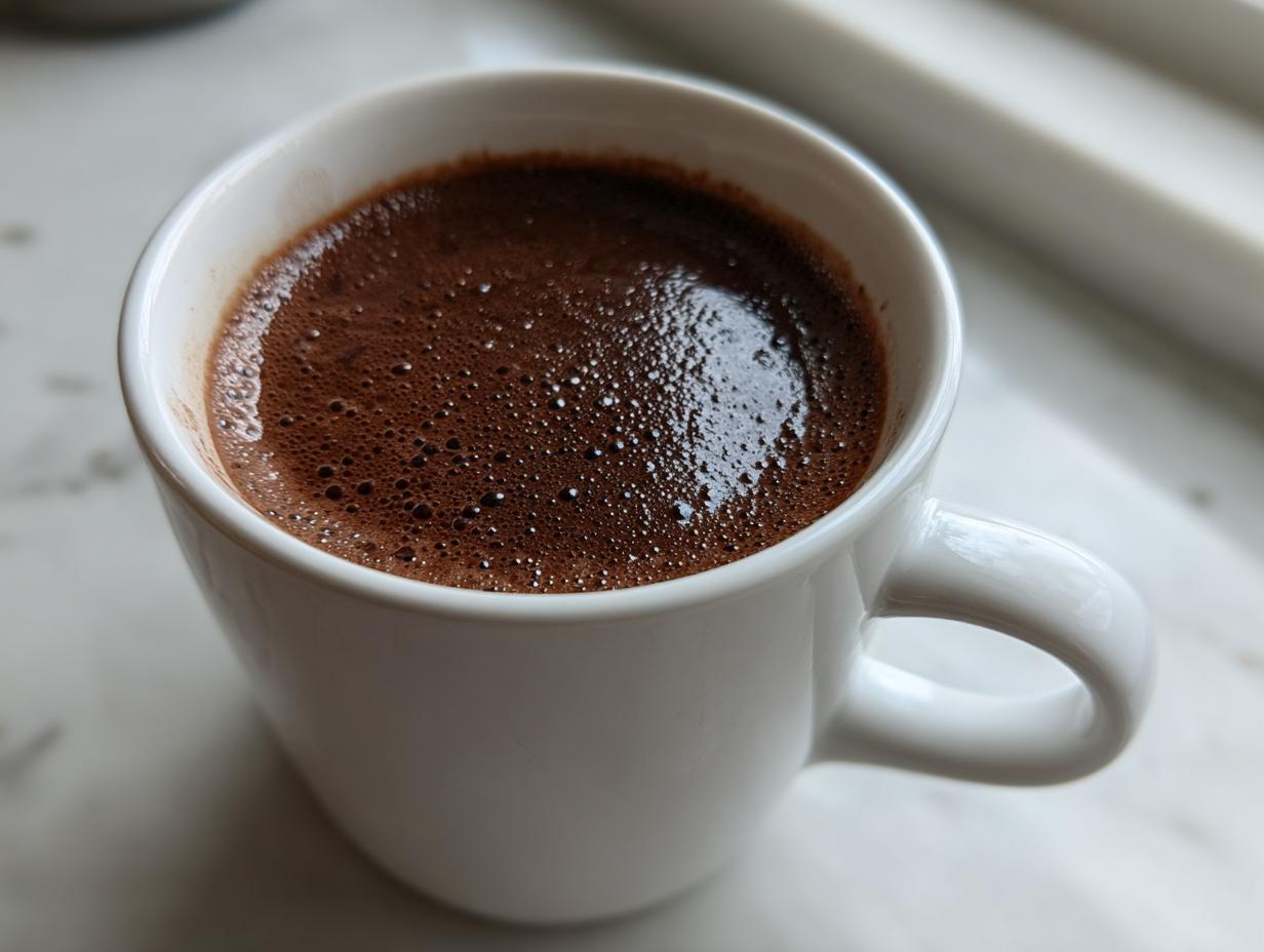 Close-up of rich, dark brown hot chocolate with a layer of small bubbles in a simple white mug.