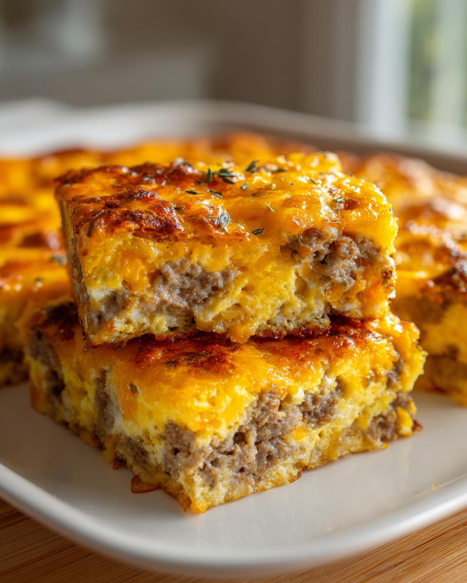 Two stacked squares of savory sausage and cheese egg bake, showing a golden-brown cheesy top.