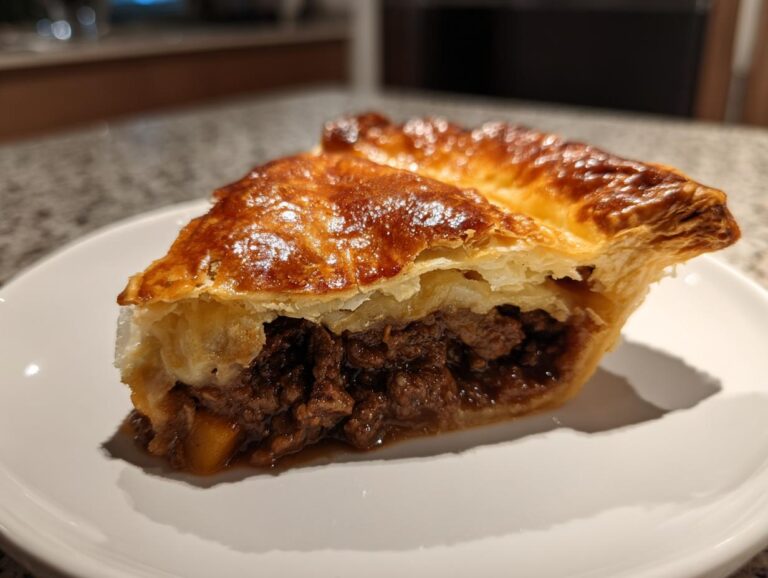 Close-up of a slice of savory meat pie showing rich filling and golden, flaky pastry crust.