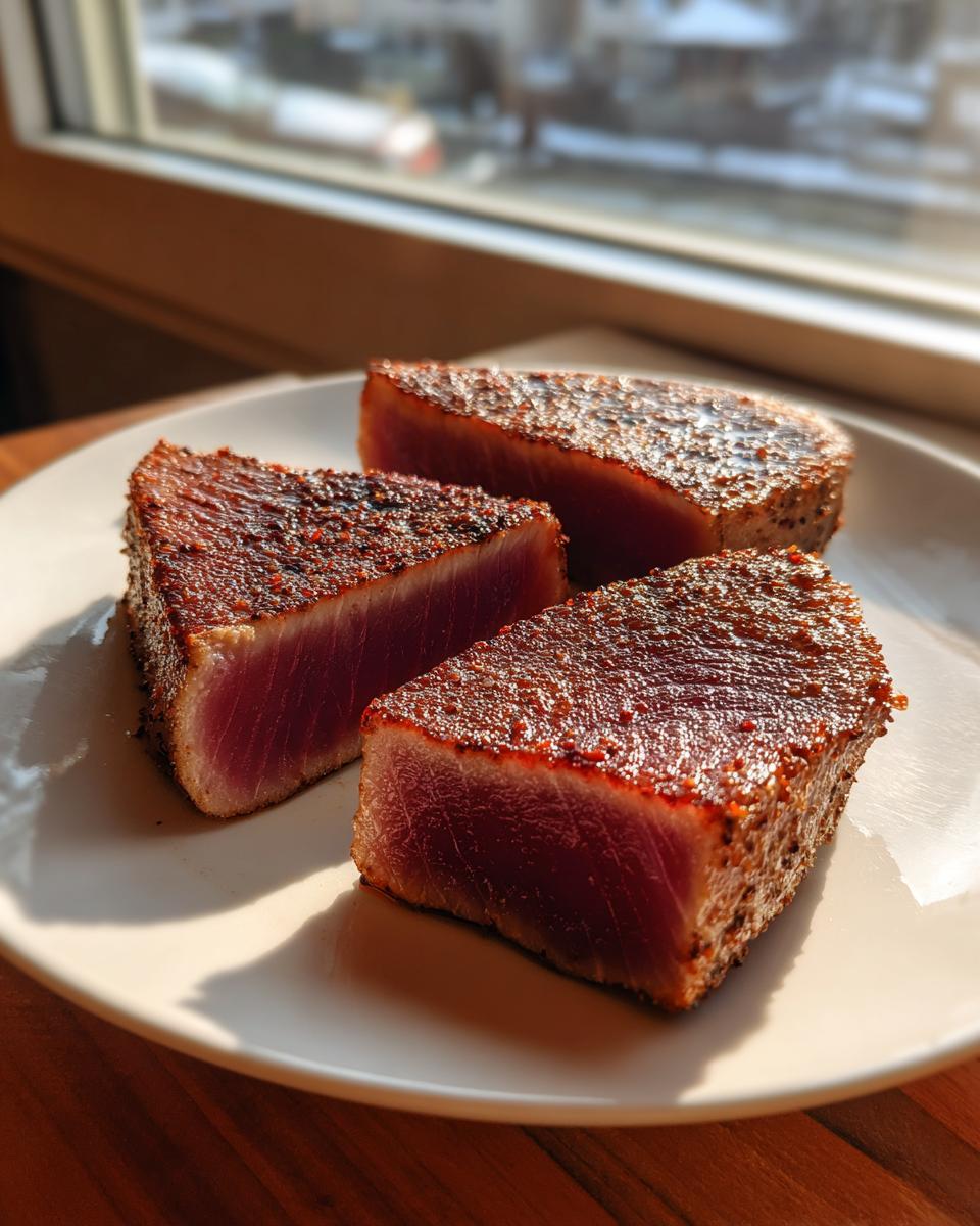 Three thick-cut, perfectly seared tuna steak portions showing a deep red, rare center.
