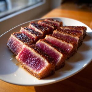 Slices of rare, perfectly seared tuna steak with a dark crust resting on a white platter.