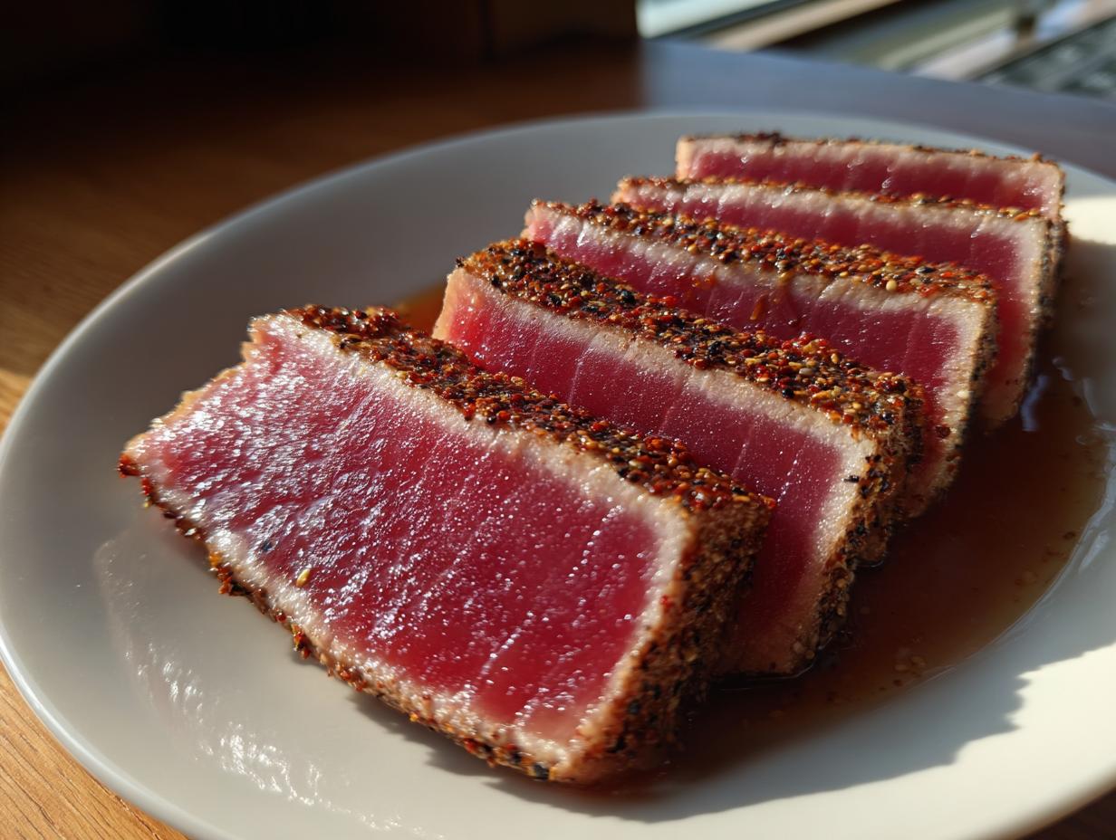 Four slices of rare, seared tuna steak coated in a pepper crust, resting in a light sauce on a white plate.