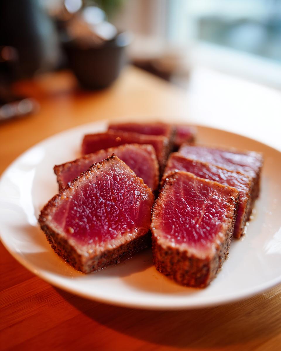 Close-up of perfectly seared, medium-rare tuna steak slices, crusted with pepper, served on a white plate.