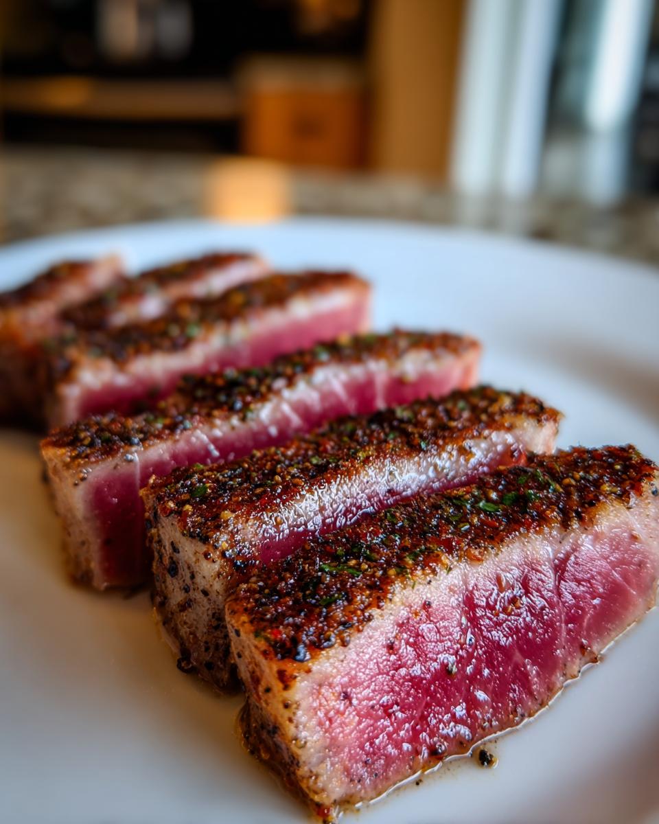 Close-up of four perfectly seared tuna steak slices, showing a dark spice crust and bright pink rare center.