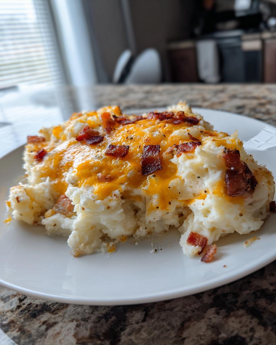 A generous serving of creamy mashed potato casserole topped with melted cheddar cheese and crispy bacon bits.