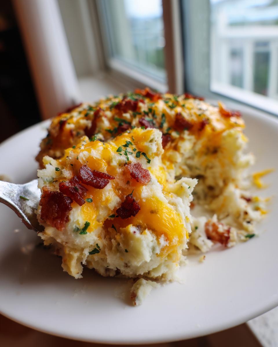 A fork lifts a scoop of creamy mashed potato casserole topped with melted cheddar cheese and bacon bits.