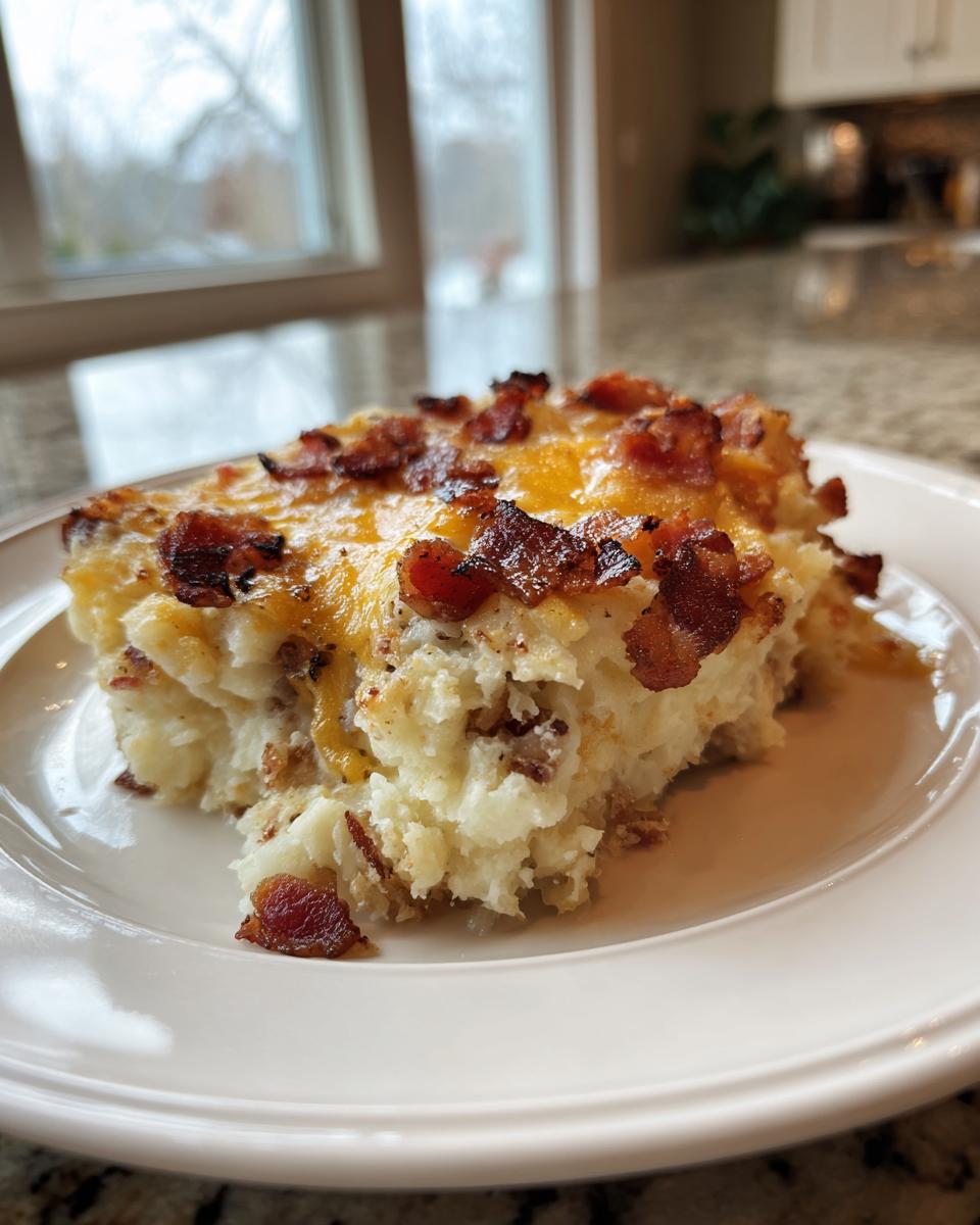 A close-up serving of creamy mashed potato casserole topped with melted cheddar cheese and crispy bacon bits.
