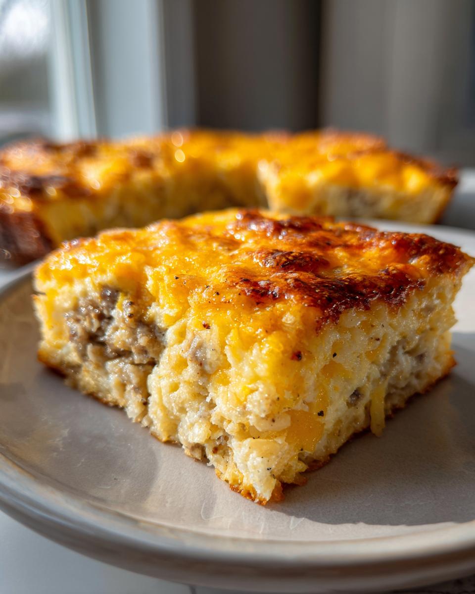 Close-up of a square serving of sausage and cheese egg bake with a golden brown, bubbly top.