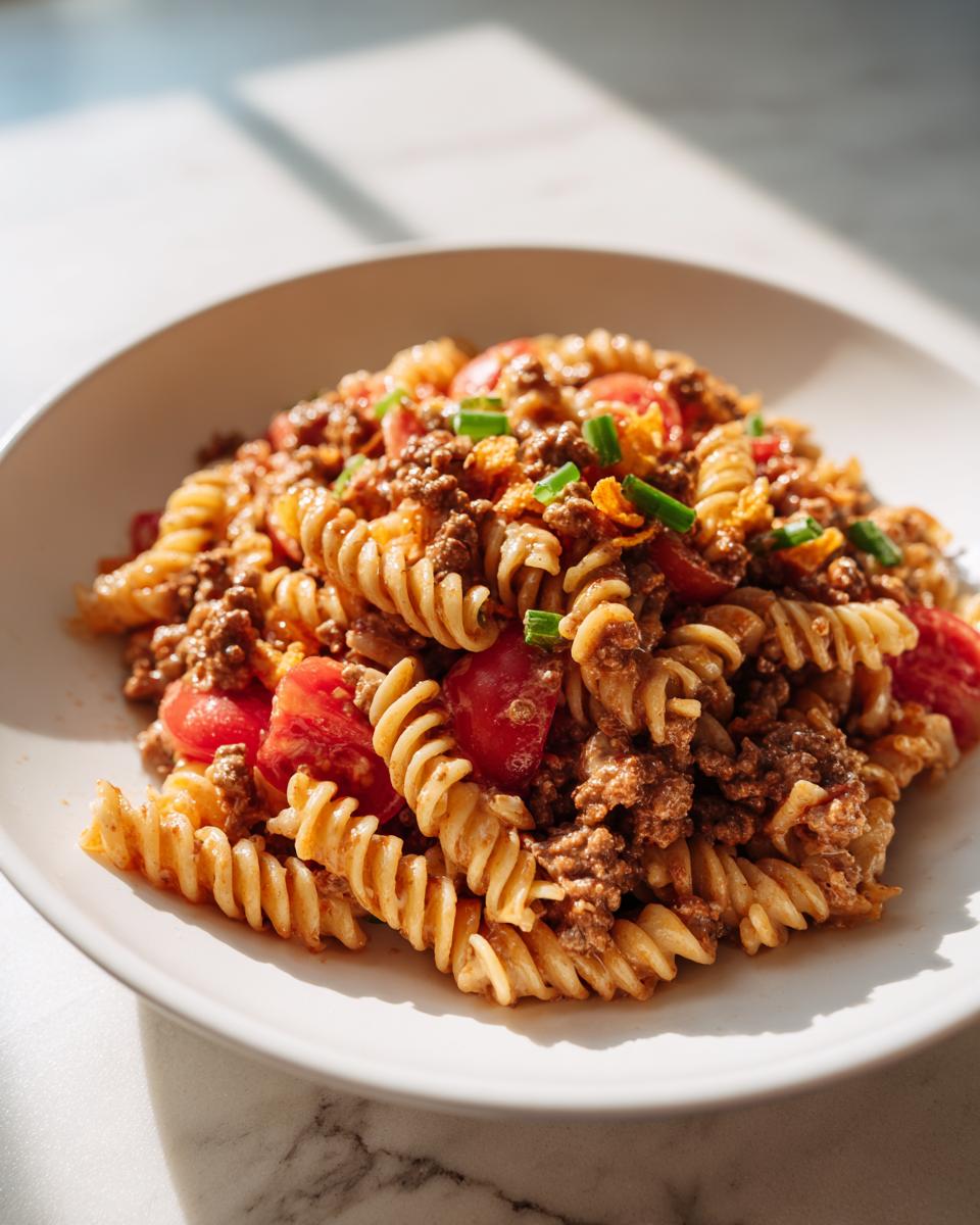 Close-up of a serving of taco pasta salad featuring rotini pasta, seasoned ground beef, diced tomatoes, and green onions.