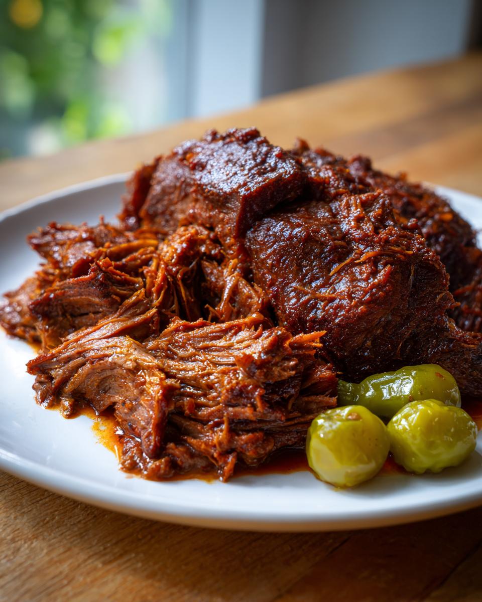 A close-up of tender, shredded Mississippi pot roast served on a white plate with three bright green pepperoncini peppers.
