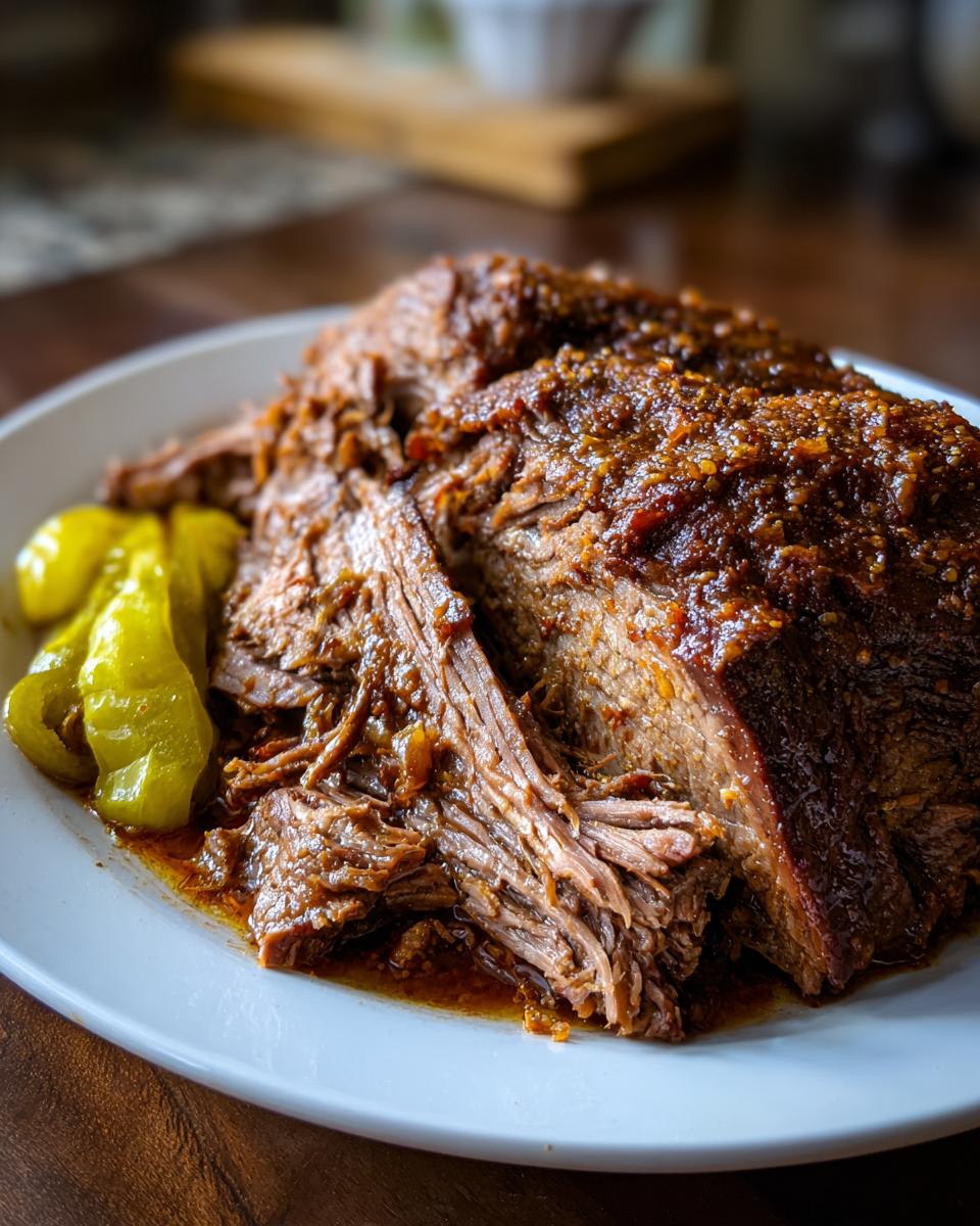 A close-up of juicy, shredded Mississippi pot roast served on a white plate with bright yellow peperoncini peppers.
