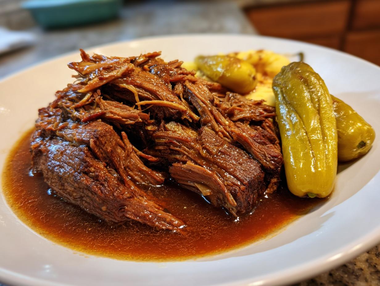 A serving of tender, shredded Mississippi pot roast swimming in rich gravy, served with pepperoncini peppers.