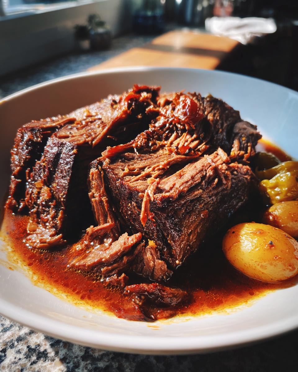 Close-up of tender, shredded Mississippi Pot Roast served in a white bowl with rich gravy and small potatoes.