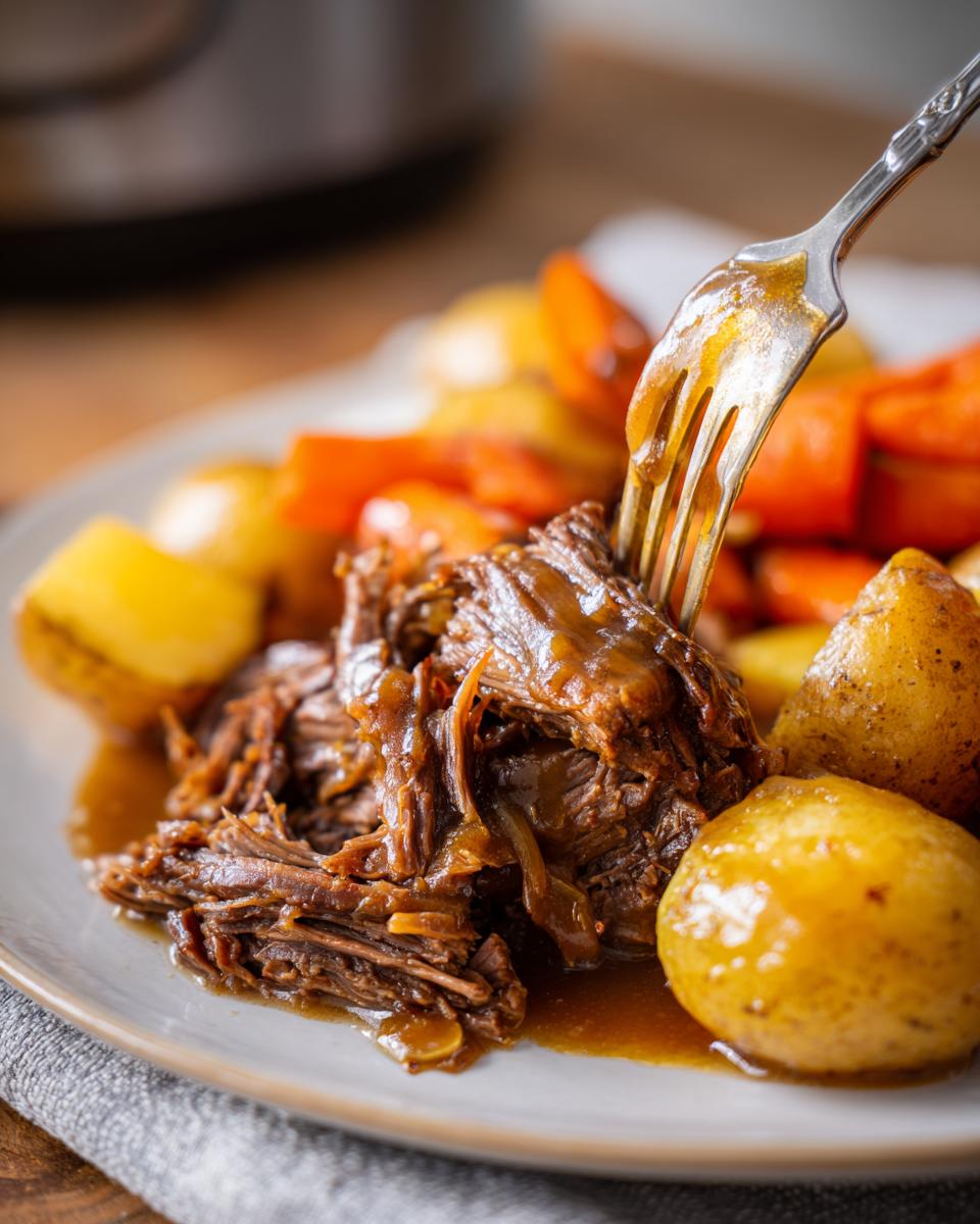 A fork pulls apart tender, shredded pot roast covered in rich brown gravy, served with potatoes and carrots.