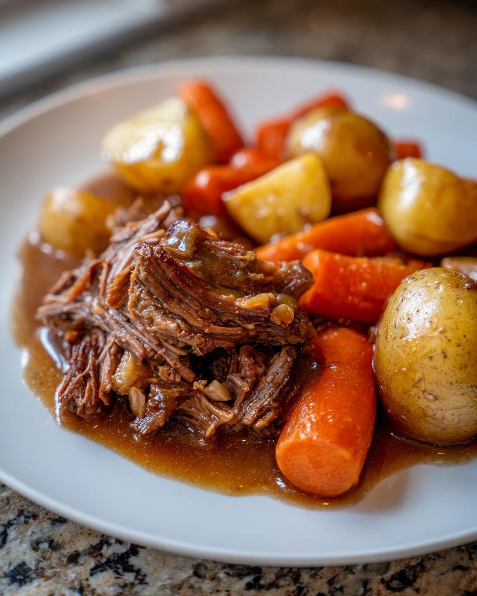 A serving of tender, shredded pot roast smothered in gravy, next to whole carrots and small potatoes.