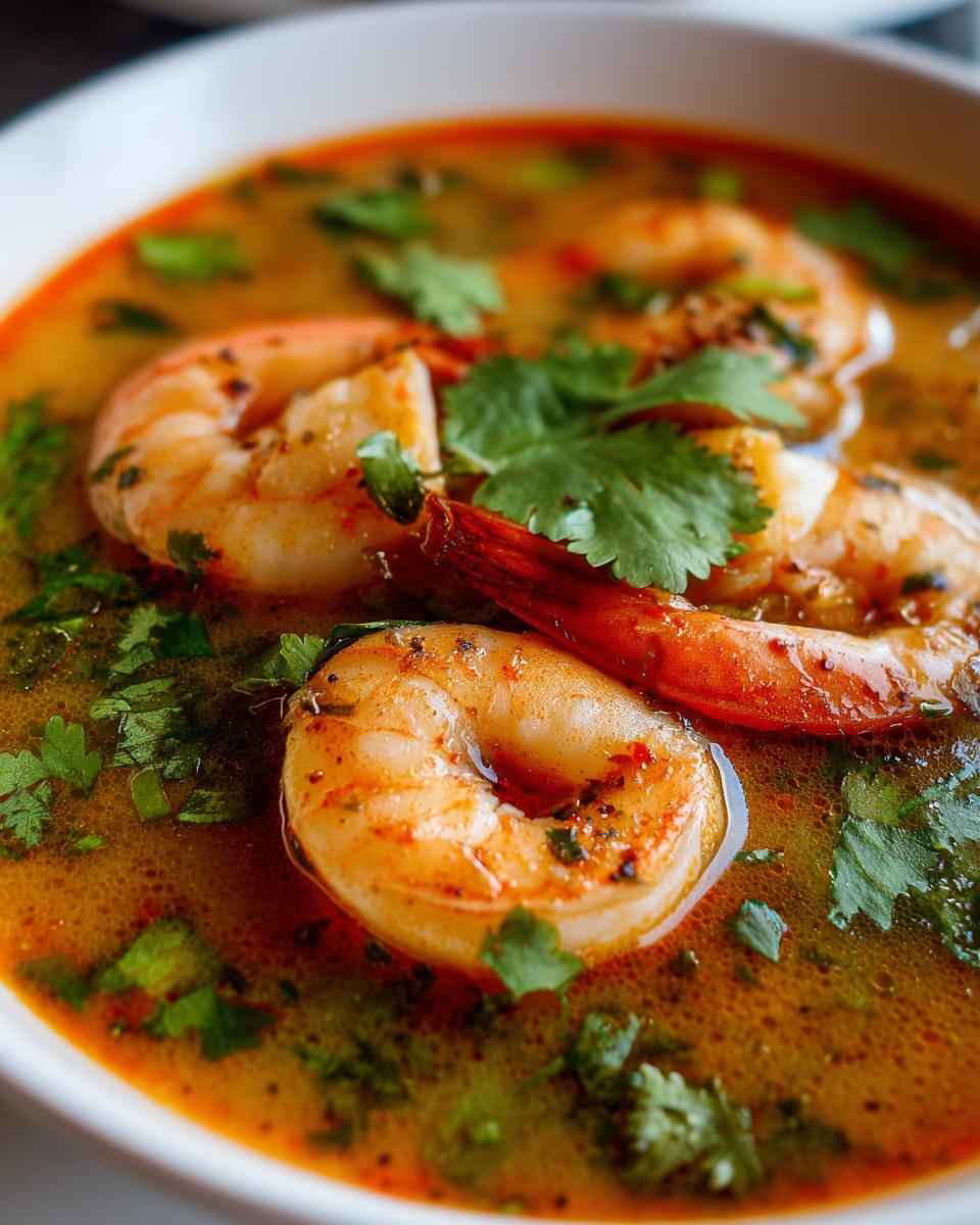 Close-up of plump shrimp garnished with cilantro floating in rich, orange broth of tom yum soup.