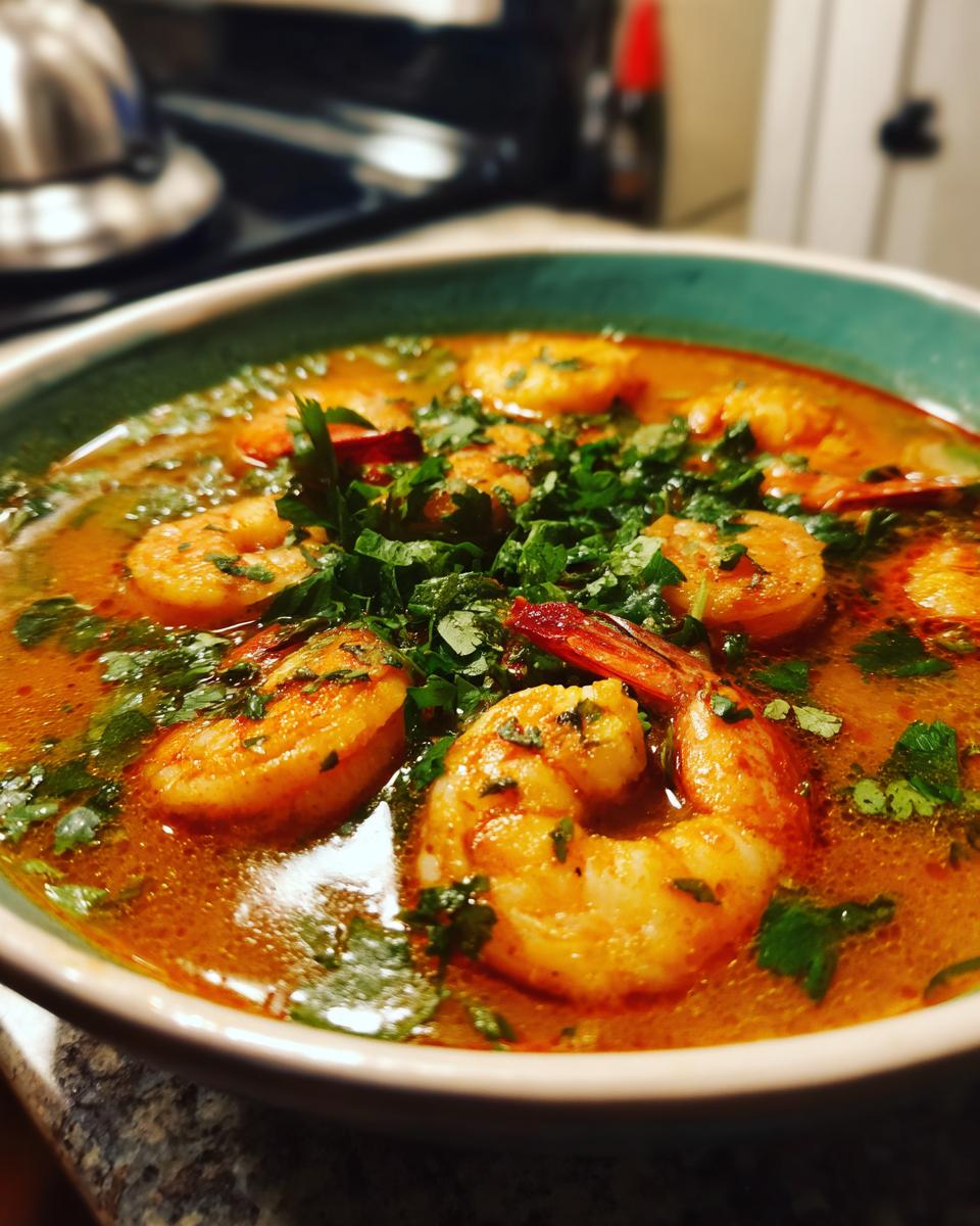 A close-up, vibrant shot of a bowl of tom yum soup filled with plump shrimp and topped with fresh cilantro.
