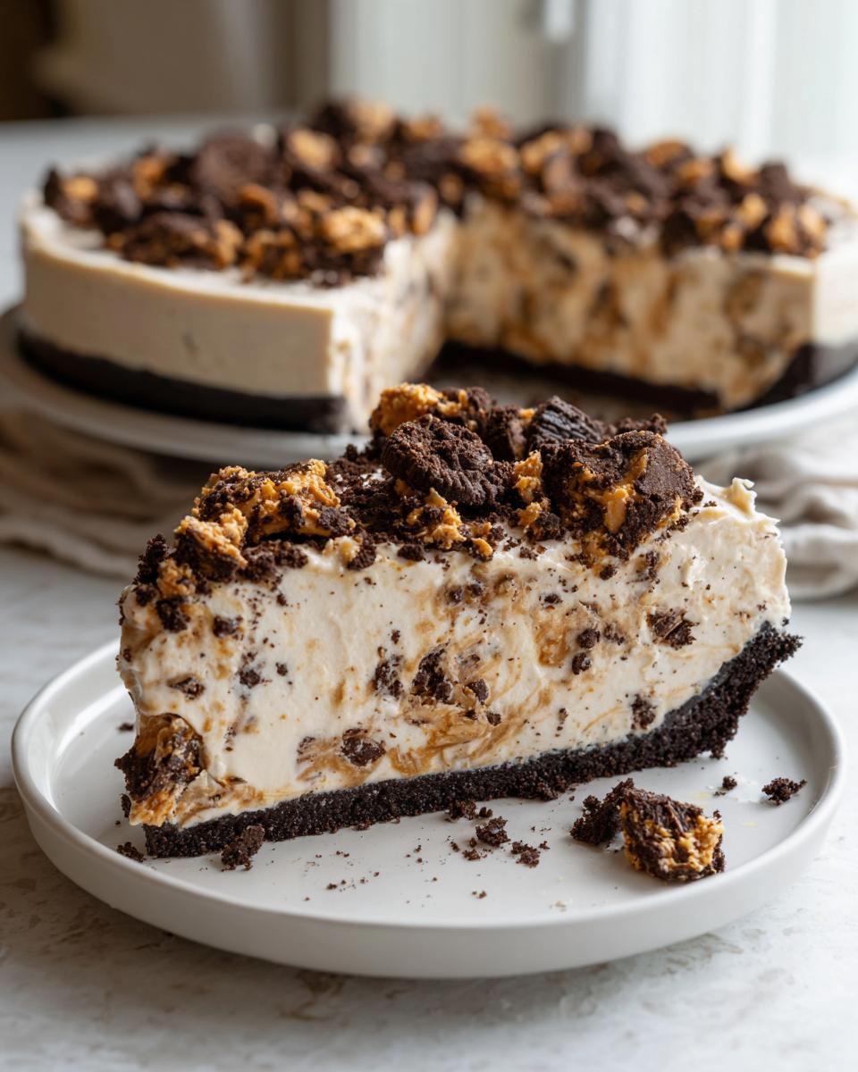 A generous slice of creamy butterfinger pie with a dark cookie crust, topped with crushed candy pieces.