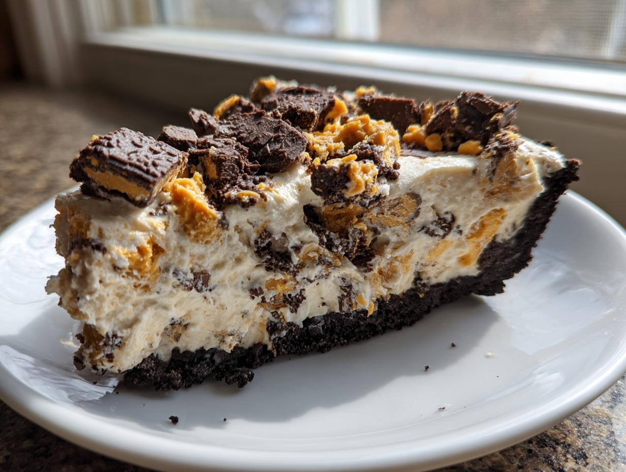 A generous slice of no-bake butterfinger pie featuring a dark crust, creamy filling, and topped with crushed candy pieces.