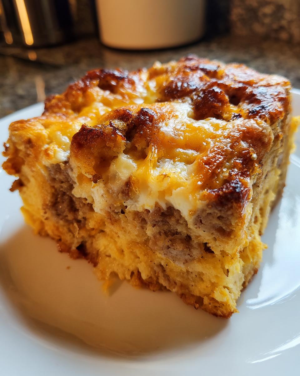 Close-up of a square slice of baked christmas breakfast casserole with browned cheese topping.