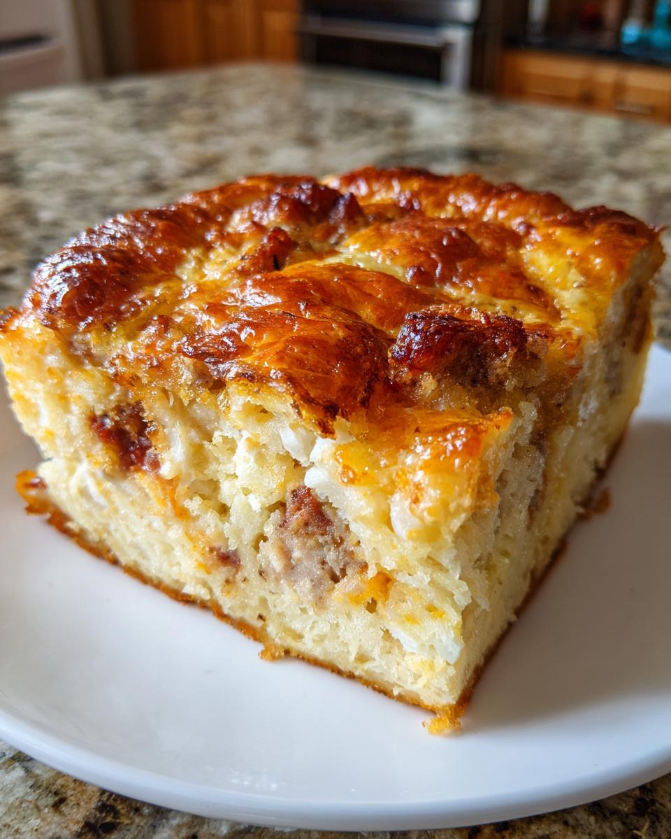 A square slice of baked Christmas breakfast casserole with a golden-brown, cheesy top, served on a white plate.