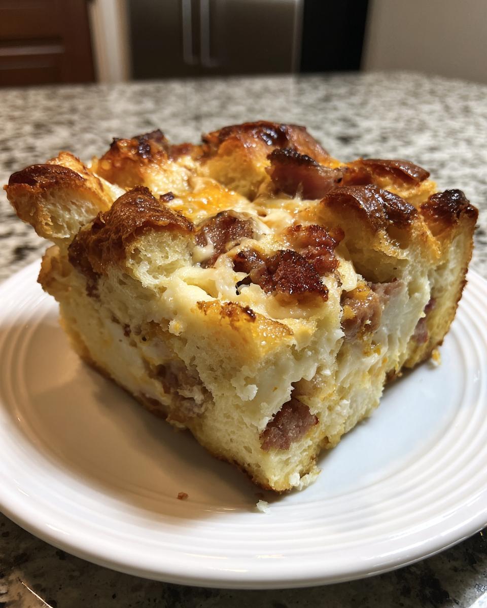 A hearty slice of Christmas breakfast casserole featuring bread, eggs, cheese, and sausage on a white plate.