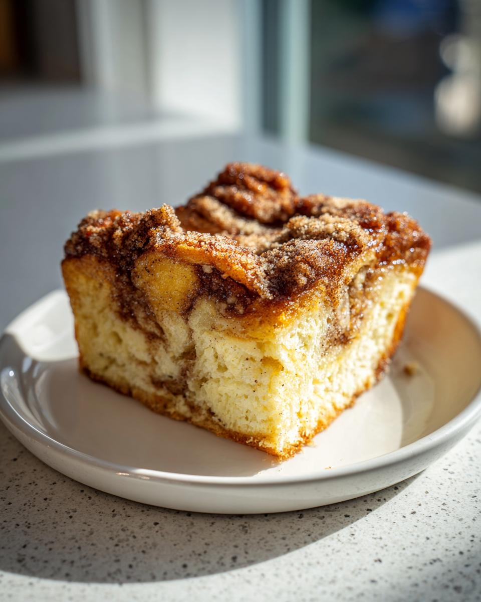 A square slice of rich french toast casserole with a thick cinnamon streusel topping on a white plate.