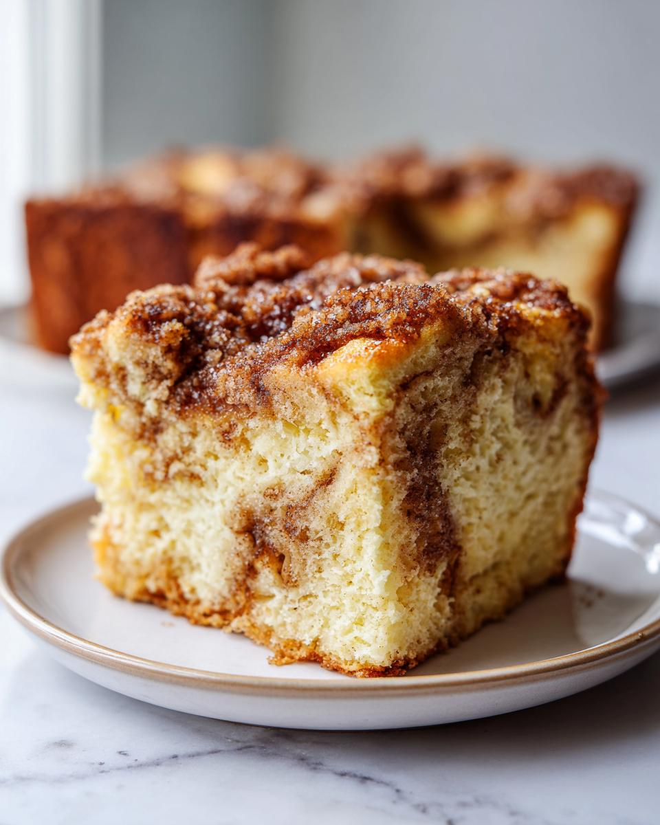 A thick slice of moist french toast casserole with a rich cinnamon swirl and sugary crumb topping.