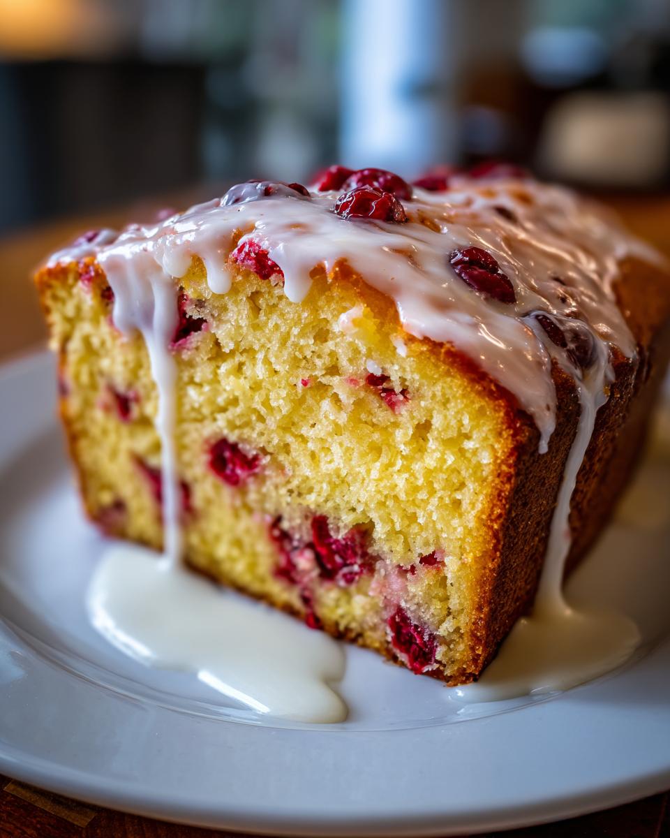 Close-up of a moist slice of cranberry orange bread topped with thick white glaze and whole cranberries.