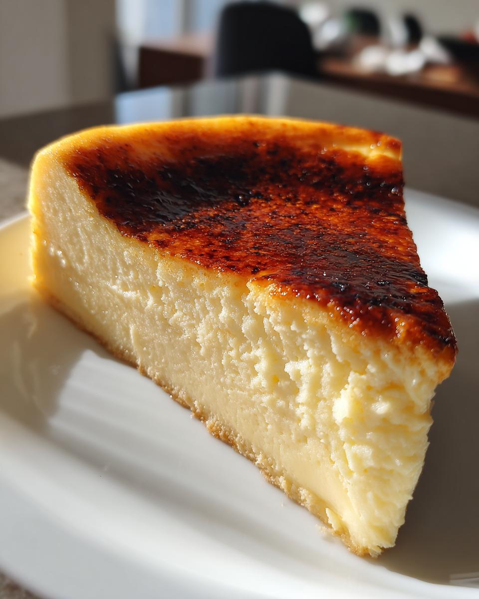A close-up slice of creamy creme brulee cheesecake featuring a deeply caramelized, torched sugar topping.