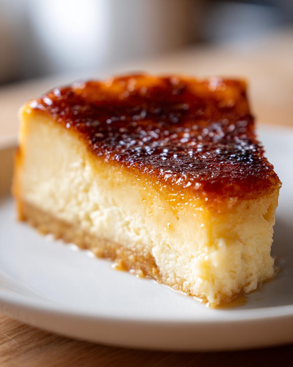 A close-up of a perfect slice of creme brulee cheesecake showing the creamy filling and caramelized sugar top.