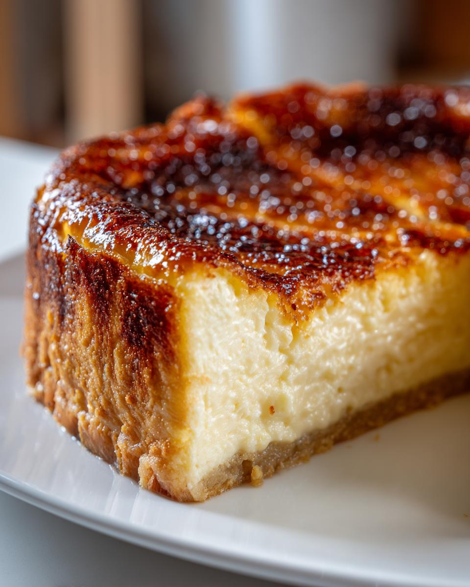 Close-up of a slice of creme brulee cheesecake showing the creamy filling and caramelized, torched sugar topping.