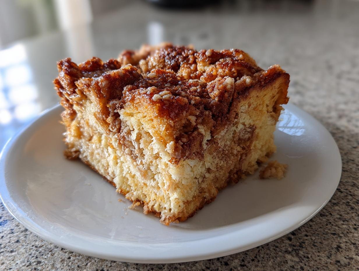 A close-up of a square slice of french toast casserole with a thick, crunchy cinnamon streusel topping on a white plate.