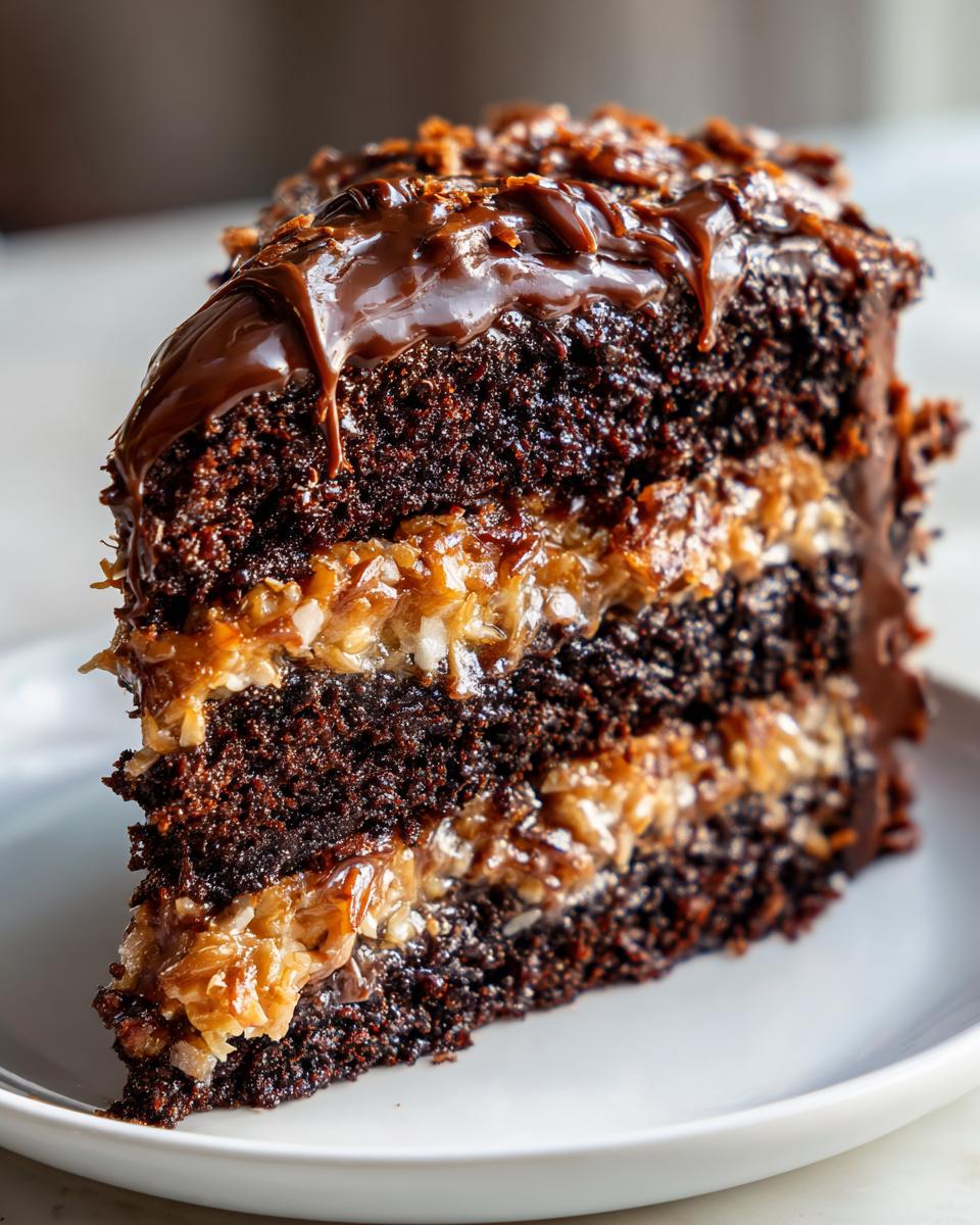 Close-up of a moist slice of german chocolate cake showing dark layers and rich coconut-pecan filling.