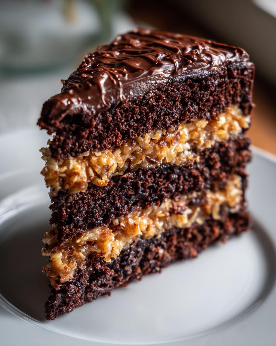 Close-up of a rich slice of german chocolate cake showing dark layers and creamy coconut pecan filling.