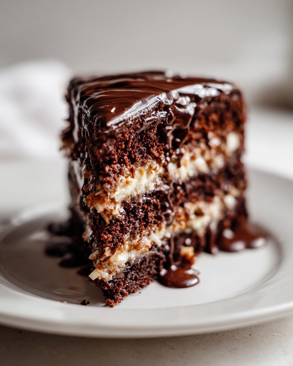 A decadent slice of german chocolate cake featuring dark layers, coconut-pecan filling, and dripping chocolate glaze.
