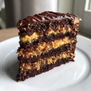 Close-up of a decadent slice of german chocolate cake with three layers of dark chocolate cake and coconut-pecan filling.