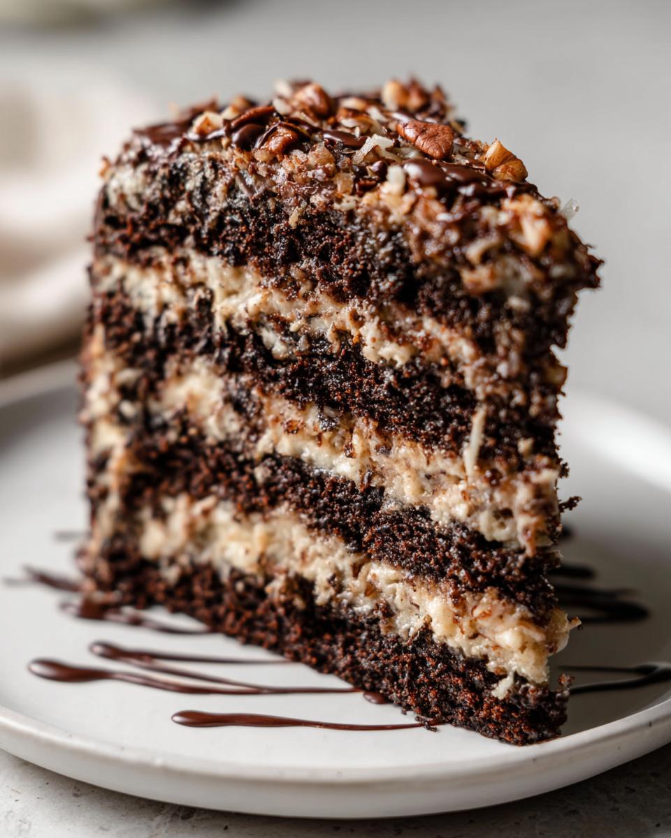A tall, moist slice of german chocolate cake showing four dark chocolate layers separated by coconut-pecan frosting.