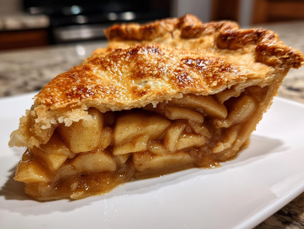 Close-up of a thick slice of homemade apple pie recipe showing flaky crust and rich, spiced apple filling.
