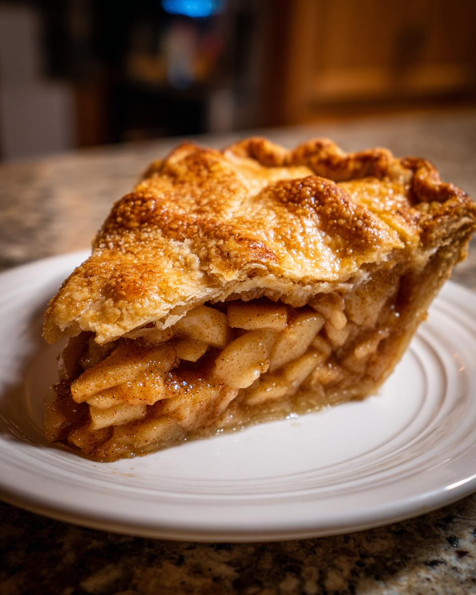 Close-up of a thick slice of homemade apple pie showing cinnamon-spiced apple filling and a flaky, sugared crust.