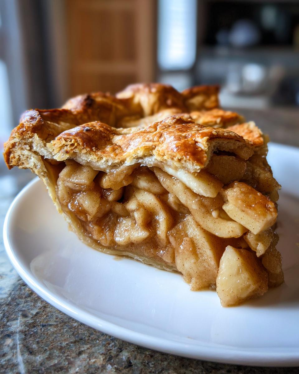 A close-up view of a generous slice of homemade apple pie showing thick, spiced apple filling and a golden, flaky top crust.