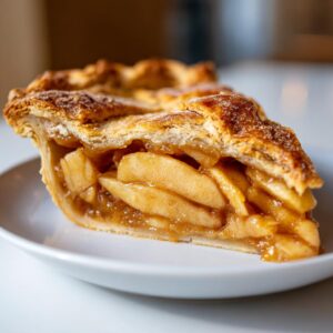 Close-up of a perfect slice of homemade apple pie showing thick, spiced apple filling and a golden, flaky crust.