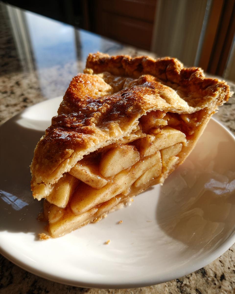 A close-up slice of homemade apple pie recipe showing thick, spiced apple filling and a flaky, golden-brown crust.