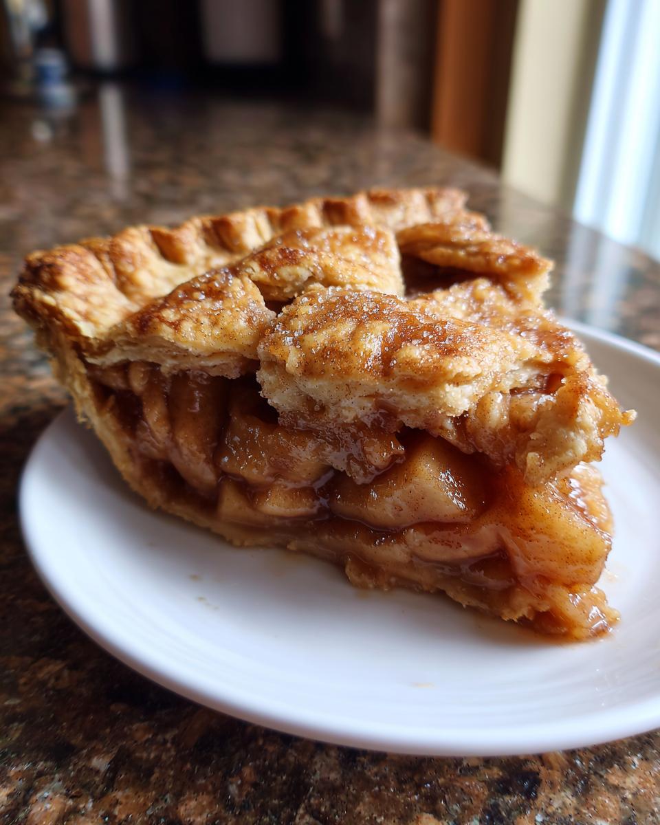 A close-up of one slice of homemade apple pie showing thick apple filling and a flaky, sugared crust.