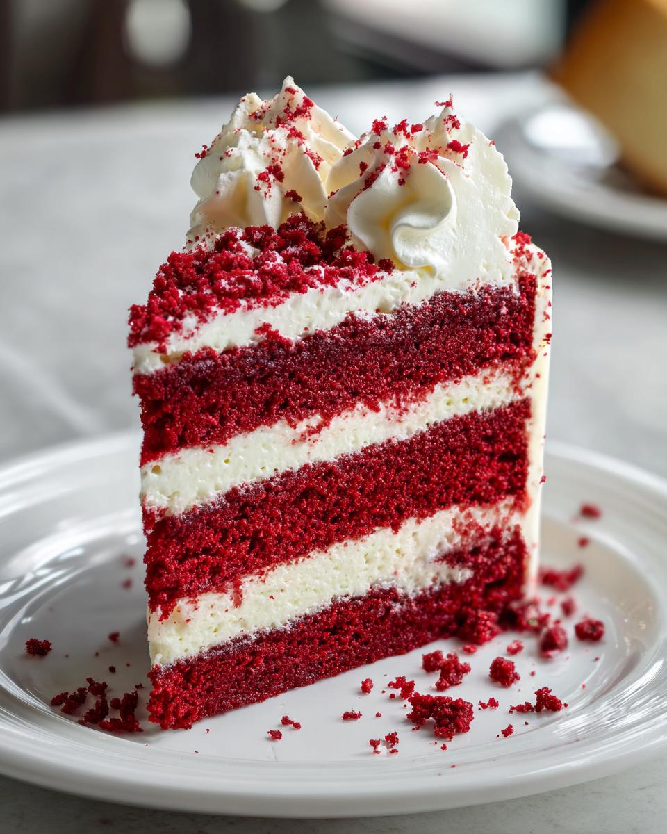 A tall slice of red velvet cheesecake showing alternating layers of deep red cake and white cream cheese frosting, topped with whipped cream.