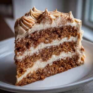 Close-up of a decadent slice of spice cake showing three layers of brown cake and thick white frosting.