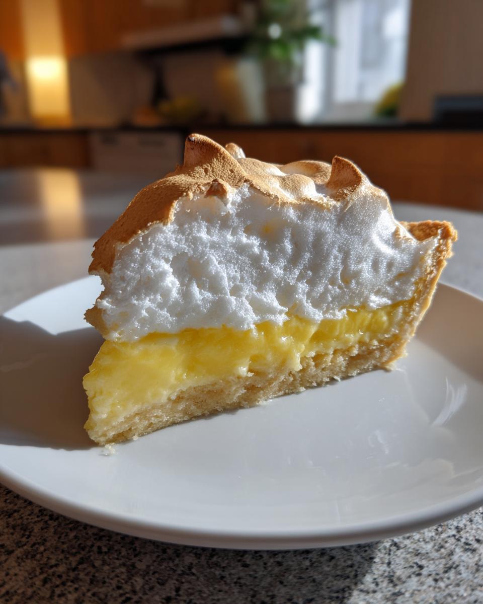 A thick slice of lemon meringue pie showing a golden crust, bright yellow filling, and tall, toasted meringue.