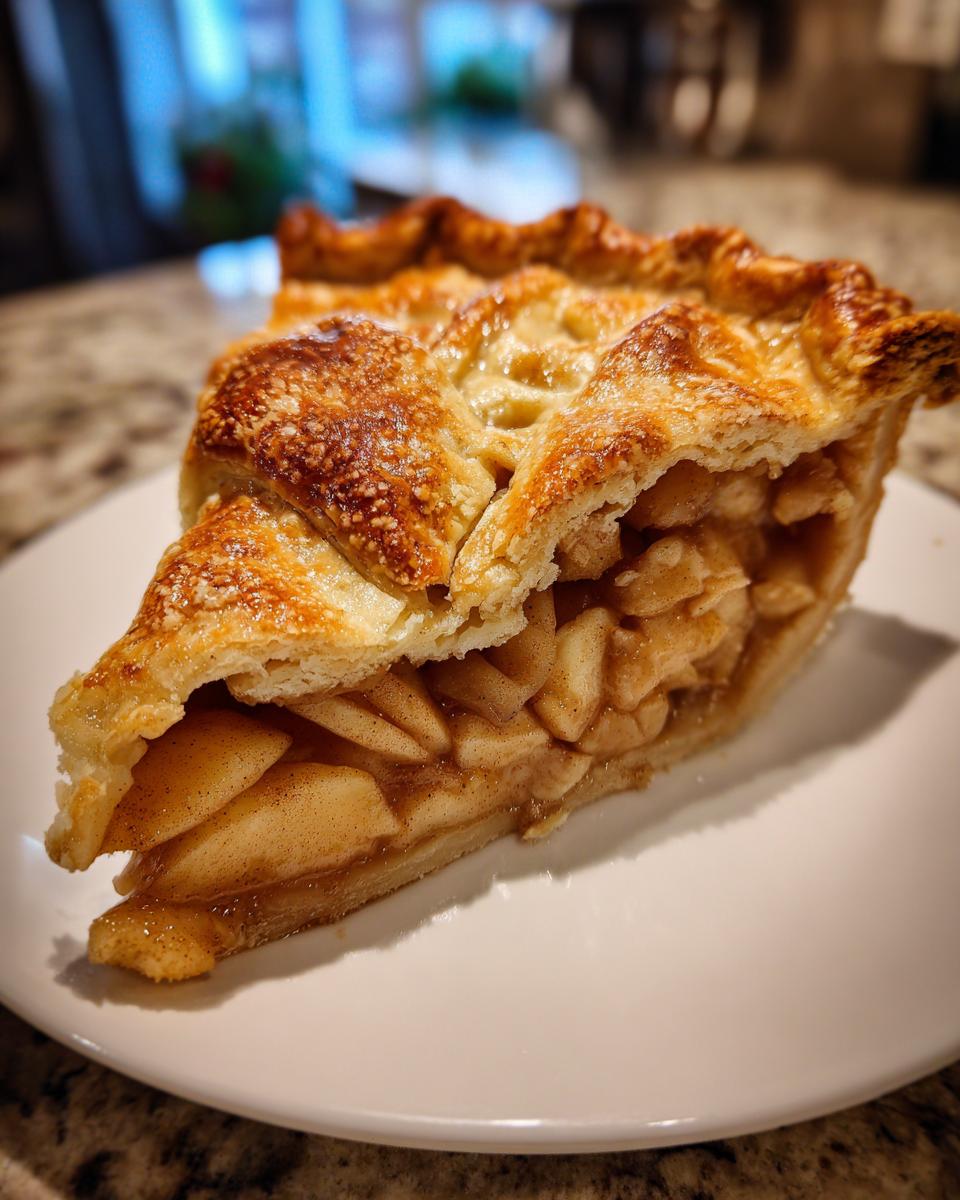 Close-up of a thick slice of homemade apple pie recipe showing flaky crust and cinnamon-spiced apple filling.