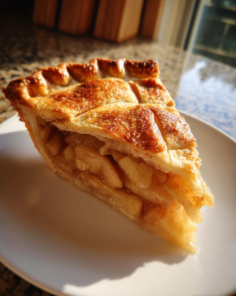A close-up slice of homemade apple pie recipe showing flaky crust and caramelized apple filling.