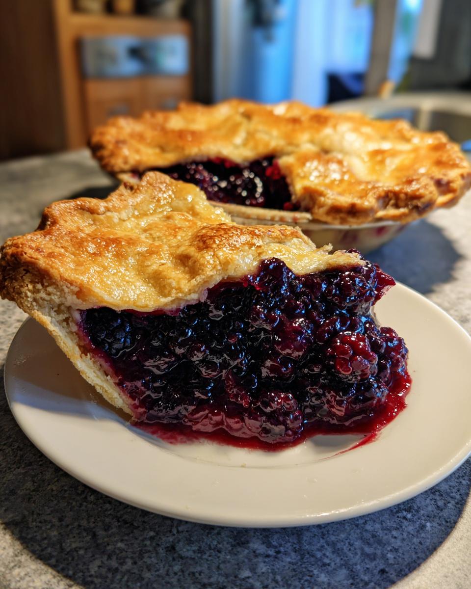 A close-up of a thick slice of juicy blackberry pie with a flaky, golden-brown crust on a white plate.